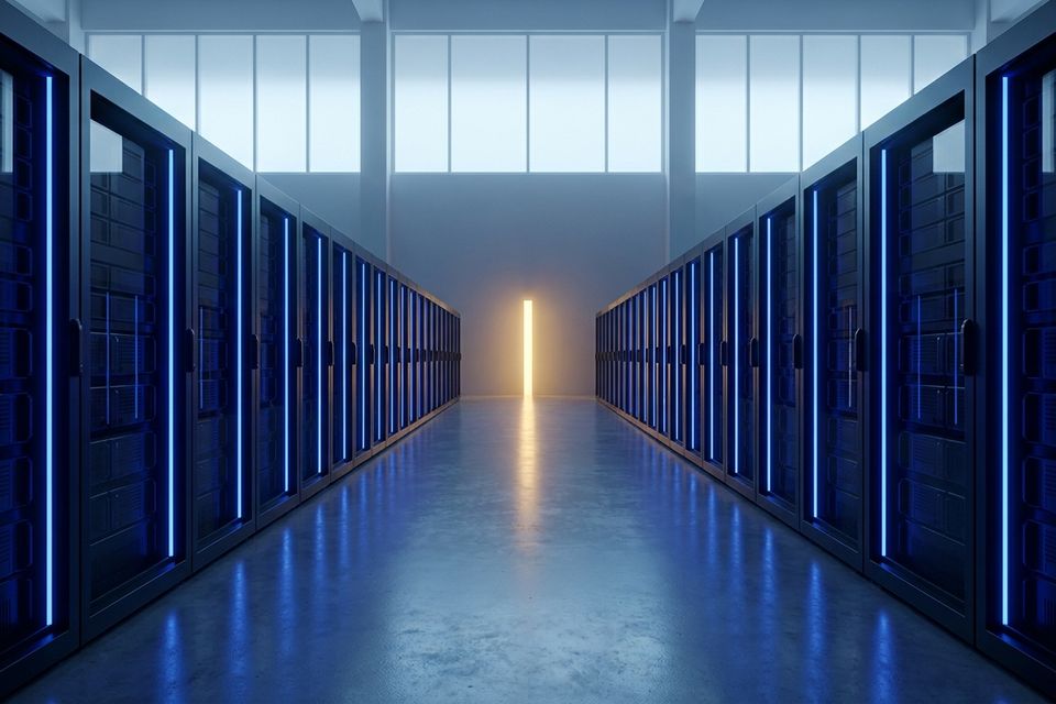 A long aisle of server racks in cool blue light, with a warm glow at the far end.
