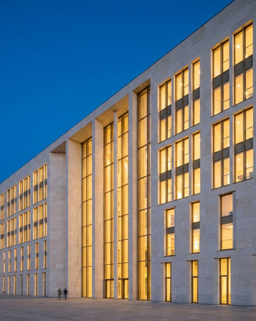 A modern European civic building of pale stone and tall windows at blue hour, warm light glowing inside, a wide plaza in front.